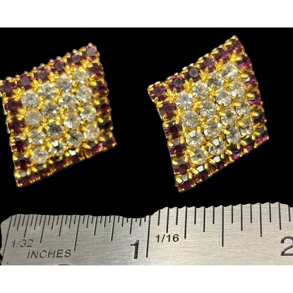 Vintage 1950s Amethyst Clear Rhinestone Geometric Clip On Earrings Gold Tone
